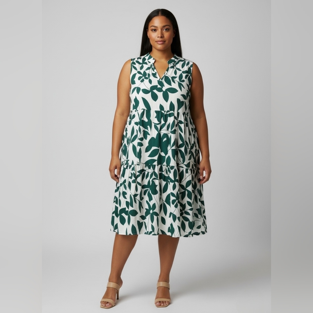 Tropical Leaf Print Tiered Babydoll Midi Dress